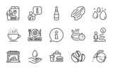 Food and drink icons set. Included icon as Coffee cup, Water drop, Market signs. Coffee pot, Pecan nut, Fast food symbols. Frying pan, Beer bottle, Food app. Water care, Coffee-berry beans. Vector
