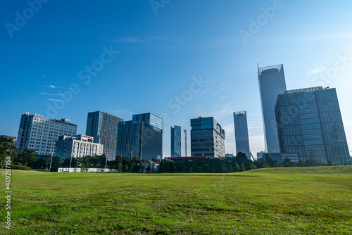 Street view of office buildings in the financial district of Suzhou, China