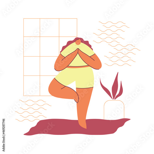 Cartoon girl in a sports uniform. Beautiful plump woman does yoga at home. Sports, meditation, spiritual practice. Colorful illustration on a white isolated background. Vector clipart.