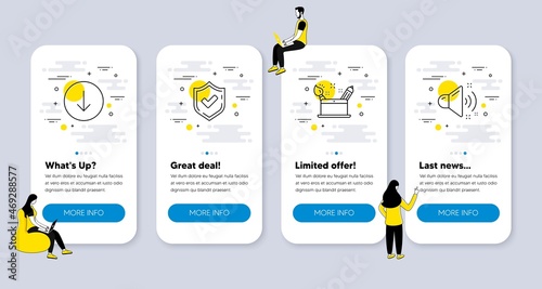Vector Set of Business icons related to Creativity concept, Confirmed and Scroll down icons. UI phone app screens with people. Loud sound line symbols. Vector