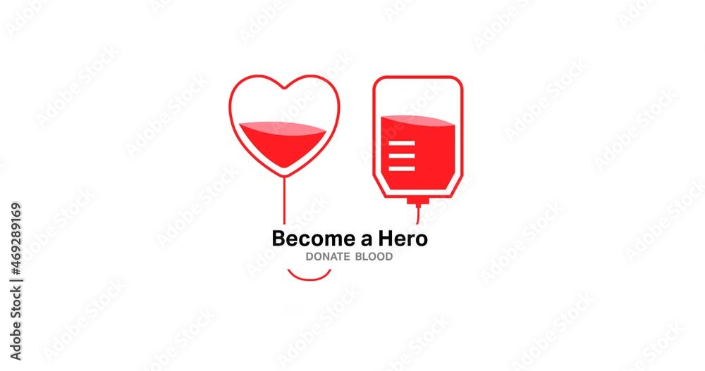 Animation of become a hero donate blood text with blood bag and heart logo, on white background Animation of become a hero donate blood text with blood bag and heart logo, on white background