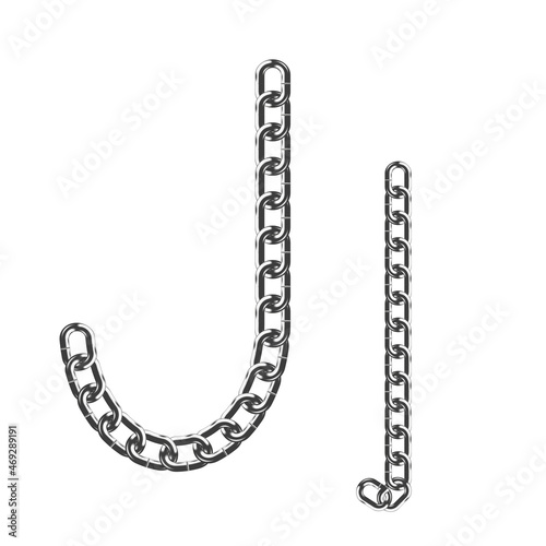 The uppercase and lowercase letter J is made of realistic metallic-colored chains. Isolated on a white background. Vector illustration.