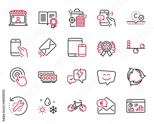 Vector Set of Business icons related to E-mail, Mobile devices and Lightning bolt icons. Collagen skin, Weather and Call center signs. Diploma, Winner ribbon and Smile face. Balance, Ram. Vector