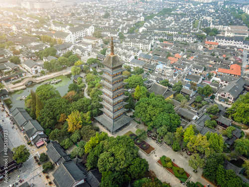 Aerial photography of Suzhou Fangsi Pagoda Chinese garden landscape