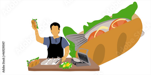 The Turkish chef prepares a fish sandwich. Grilled fried fish. A man with Balik Ekmek. Sells. Best street food. Set.  Isolated on a white background.
