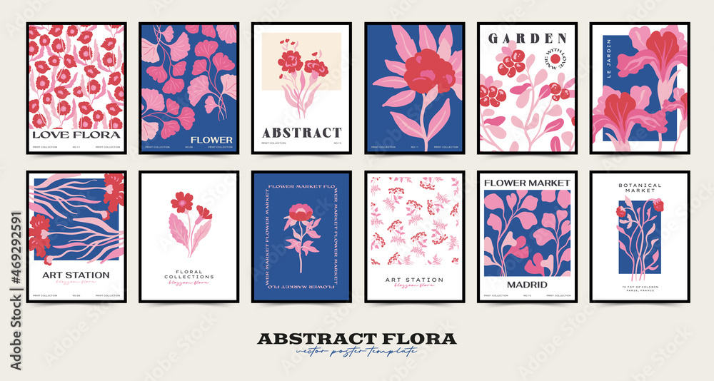Abstract floral posters template collection. Modern trendy Matisse minimal style. Pink and blue colors.