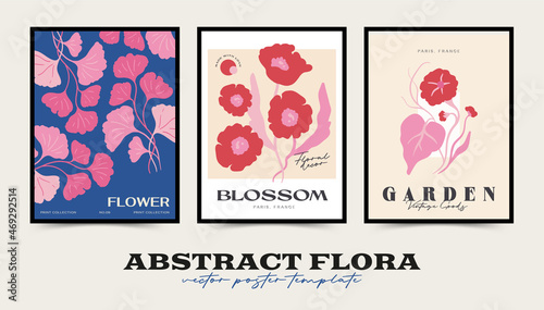 Abstract floral posters template collection. Modern trendy Matisse minimal style. Pink and blue colors.