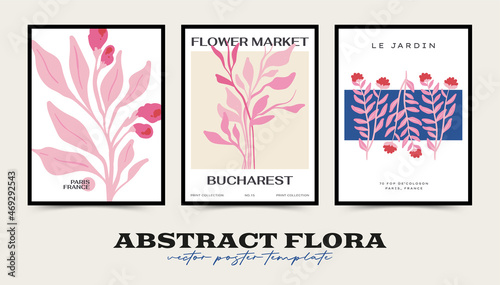 Abstract floral posters template collection. Modern trendy Matisse minimal style. Pink and blue colors.