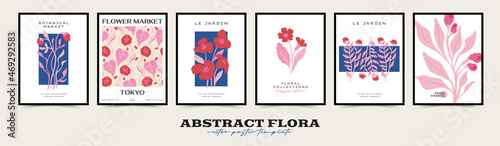 Abstract floral posters template collection. Modern trendy Matisse minimal style. Pink and blue colors. photo