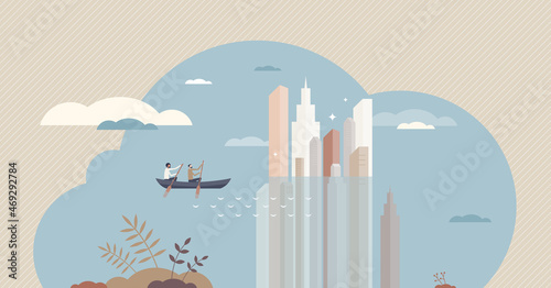 Rising ocean and sea levels as global warming scenario tiny person concept. Flood danger as CO2 pollution and icecap melting consequences vector illustration. Environment change with water risks.