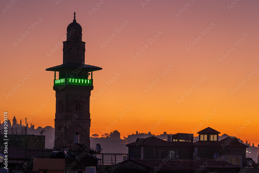 Mosque Minaret in Jerusalem at Sunset