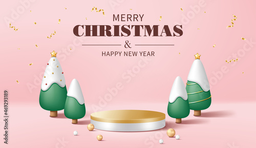 Gold pedestal or podium with Christmas trees and pearls on pink background.  Christmas concept. Vector illustration for product demonstration, banner, poster, flyer, advertisement.