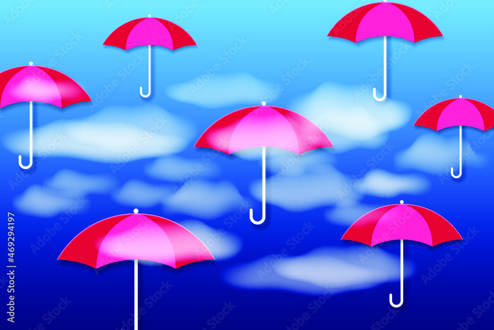Happy monsoon season background. Realistic white clouds and red umbrellas