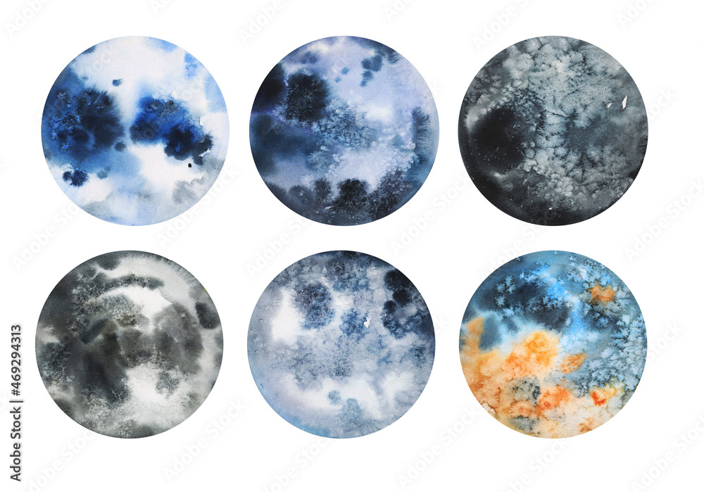 Obraz premium Watercolor aquarelle planet set isolated in white background background. Moon full phase
