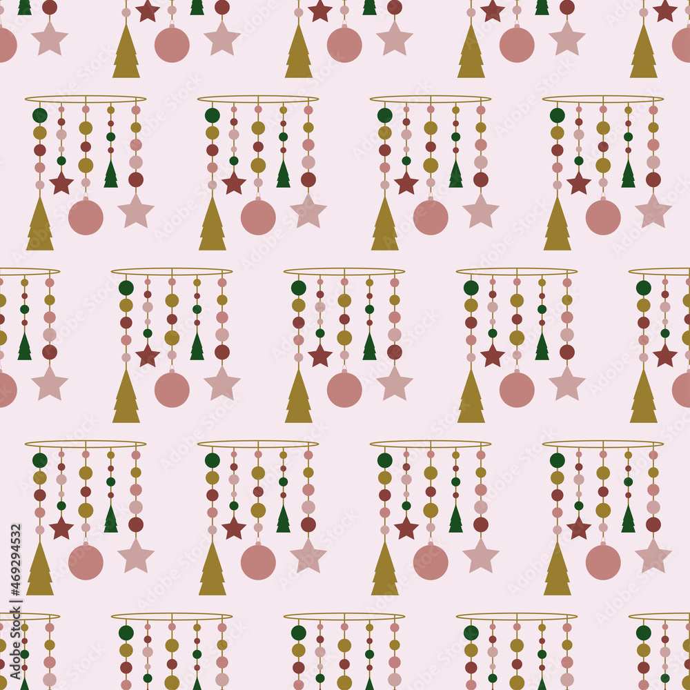 Christmas seamless pattern. New Year's garland in the Scandinavian style. Hanging holiday decoration with xmas trees, balls and stars. Vector illustration in pastel color
