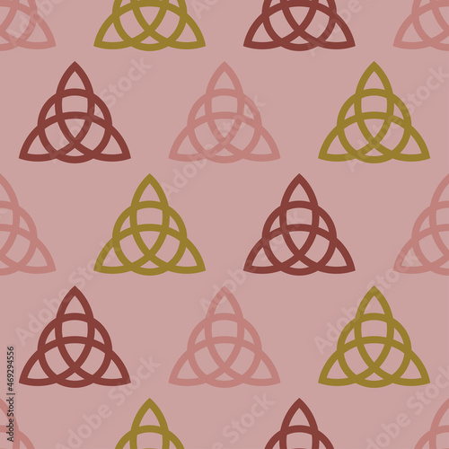 Witchcraft seamless pattern in pastel color. Triquetra, celtic knot sign. Scandinavian protective amulet. Esoteric, sacred geometry, witchcraft. Vector illustration