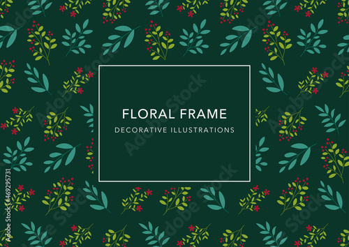 Floral Decorative Frame, Plant Illustrations on Green Background