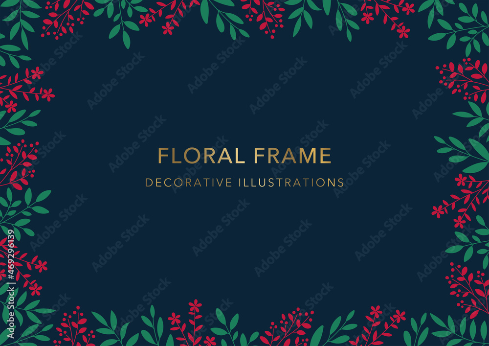 Floral Frame, Decorative Template, Leaves and Flower on Navy Background 