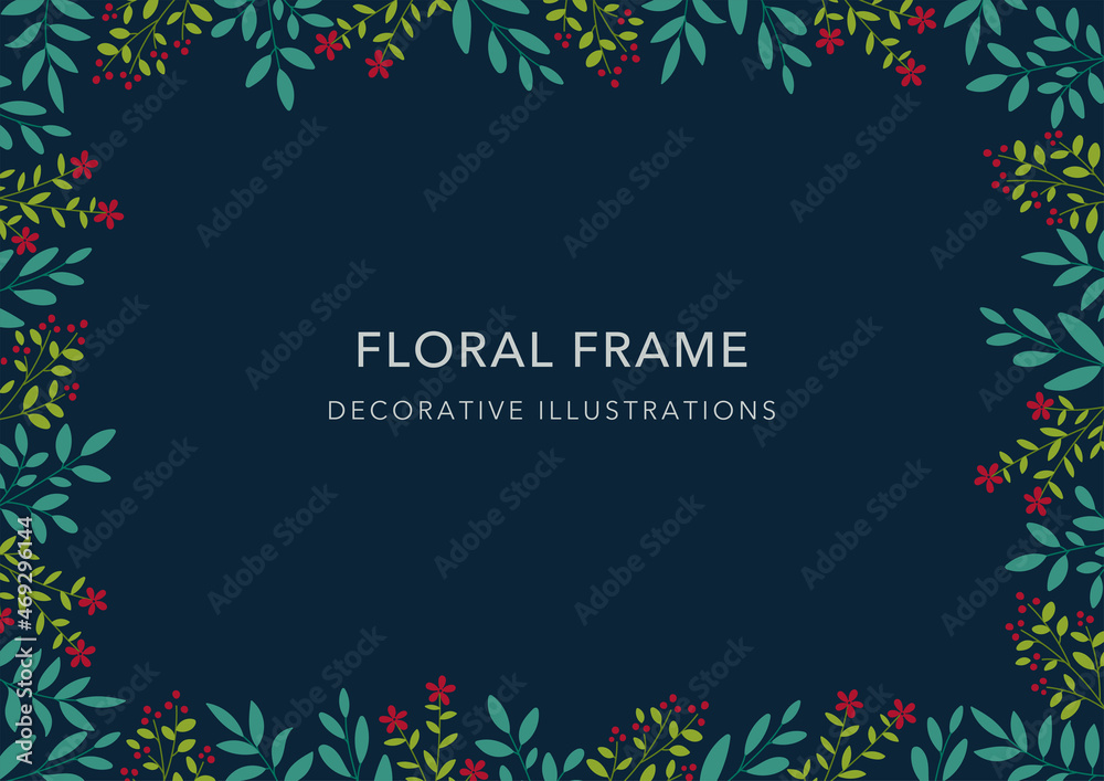 Floral Frame, Decorative Template, Leaves and Flower on Navy Background