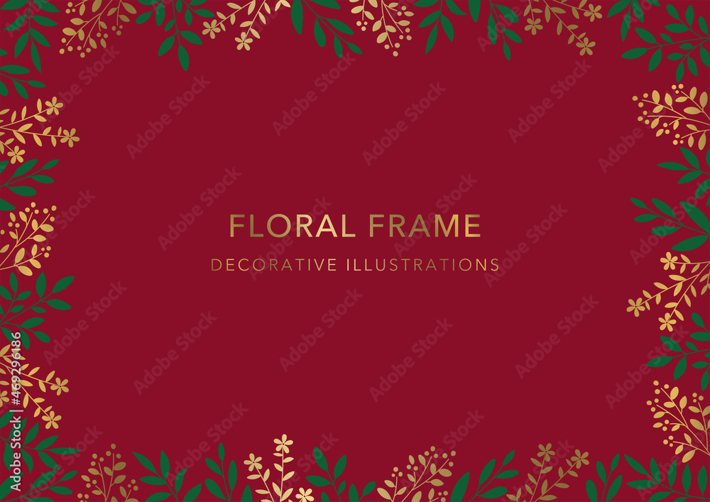 Floral Frame, Decorative Template, Leaves and Flower on Red Background