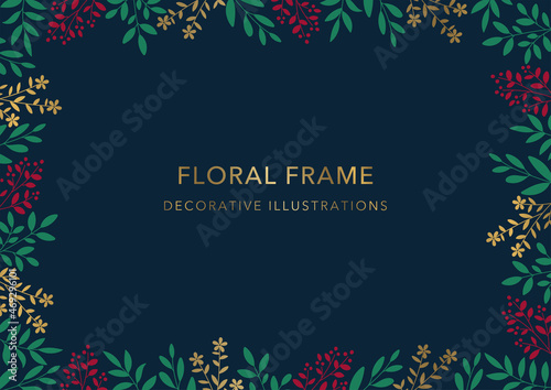 Floral Frame, Decorative Template, Leaves and Flower on Navy Background