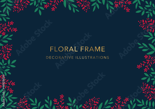 Floral Frame, Decorative Template, Leaves and Flower on Navy Background 