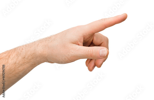 male hand showing index finger to the side, isolated on white background