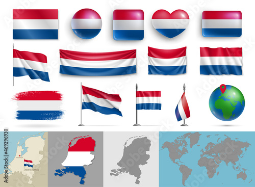 Netherlands flags of various shapes and geographic map set. Realistic Holland flags, glossy buttons in patriotic colors, highly detailed map and globe with identification pin vector illustration