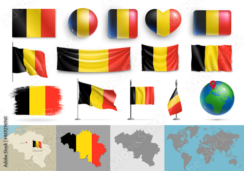 Belgium flags of various shapes and geographic map set. Realistic Belgian flags, glossy buttons in patriotic colors, highly detailed map and globe with identification pin vector illustration
