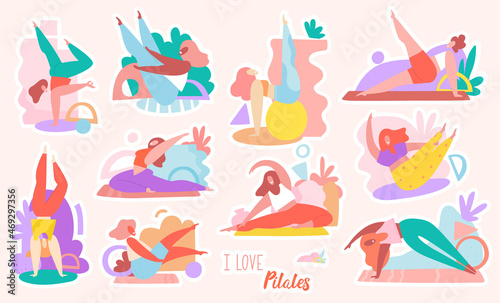 Funny young women doing pilates in various poses