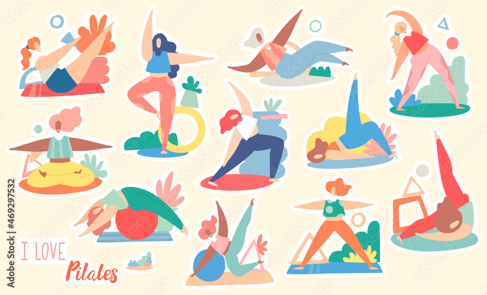 Set of funny young women doing pilates and yoga Set of funny young women doing pilates and yoga