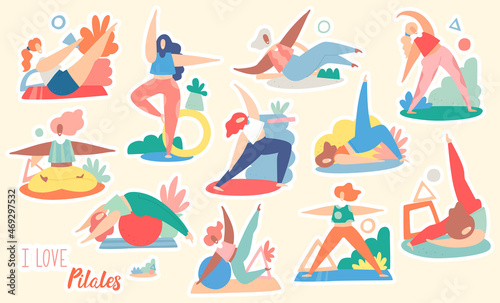 Set of funny young women doing pilates and yoga