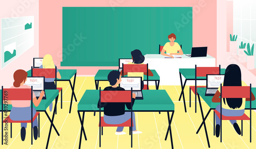 Students or pupils are tested on laptops in the classroom. The international class is sitting at the desks in the lesson. The teacher monitors students for testing. Flat vector illustration.