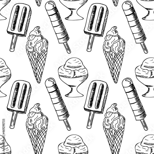 Hand drawn seamless pattern of Ice cream in sketch style. Dessert isolated on white background.