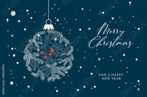 Merry christmas greeting card with spruce branches. Happy new year . Christmas ball.