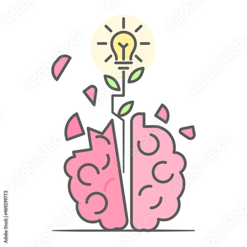 Light bulb plant coming out of a human brain. Creative idea, imagination concept. Flat style illustration. Isolated on white background. 