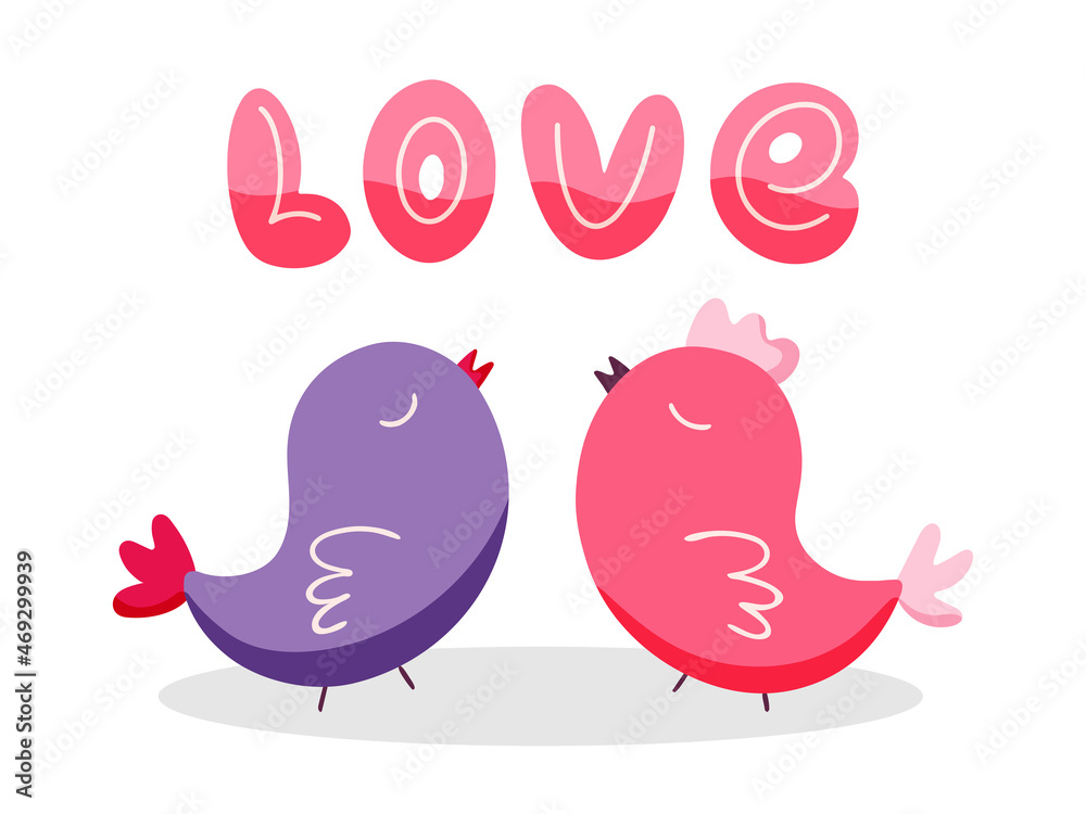 Valentine's day concept with cute birds and the inscription Love. Vector hand drawn greeting flower illustration Valentine's day concept with cute birds and the inscription Love. Vector hand drawn greeting flower illustration