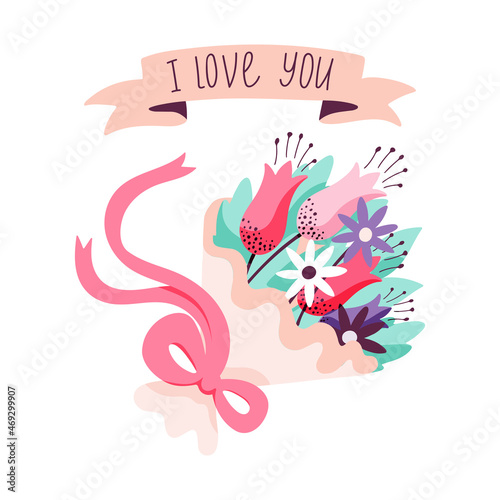 Valentine's day concept with hand drawn bouquet of flowers and lettering I love you. Vector greeting flower illustration