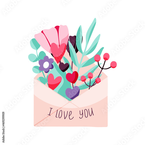 Valentine's day concept with envelope, hearts, flowers and the inscription I love you. Vector hand drawn greeting flower illustration