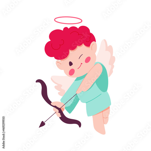 Valentine's day concept with cute cupid shooting a bow. Cupid boy isolated on white background. Vector hand drawn illustration