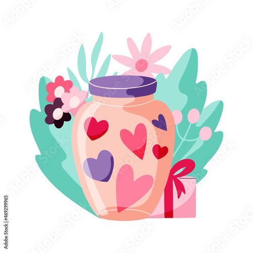 Closed glass jar with hearts, Valentine's Day concept with floral background. Vector hand drawn illustration