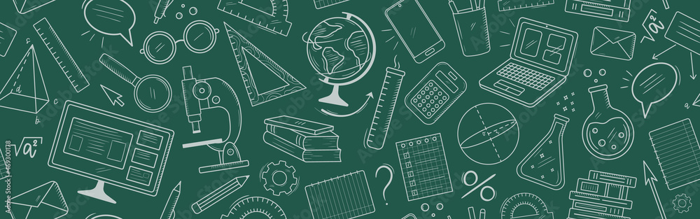 Vector banner with online education doodle symbols. Learning, knowlege, skill concept. Seamless background with math, physics, chemistry, icons. School and university pattern