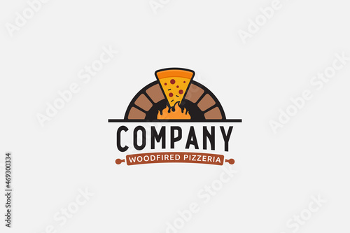 pizza logo with a combination of pizza slice and traditional brick stove.