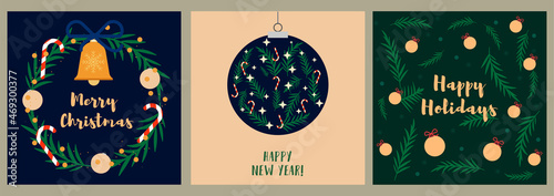 Merry Christmas, Happy New year, Winter holidays greeting cards collection. Trendy square art templates with Xmas wreath and decor. Snowflake vector background illustration	