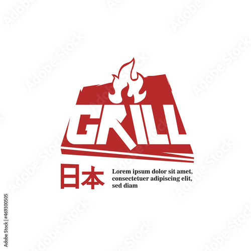 Japan Grills with fire, knife and chopsticks style negative space logo design vector template
