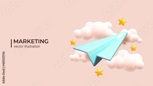 Blue paper plane in pink sky. Realistic 3d design. Concept Online social network. Business communication applications. Marketing concept. Vector illustration
