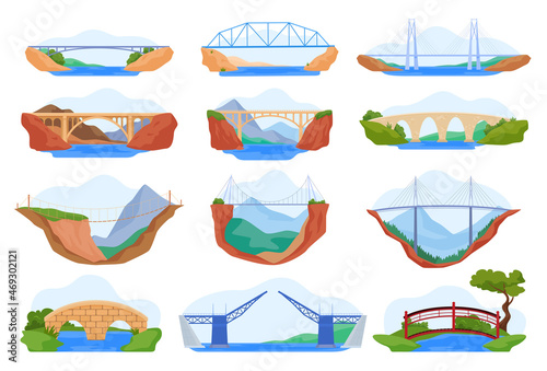 Modern and vintage bridges set vector flat building for transportation over river or canyon
