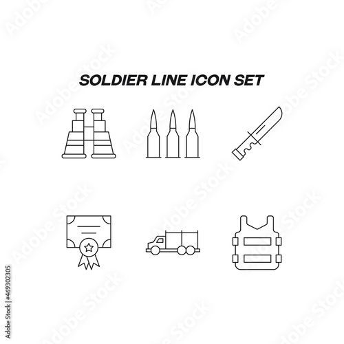 Industry concept. Collection of modern high quality soldier line icons. Editable stroke. Premiul linear symbols of bullet shell, bulletproof vest, military award, knife, army car