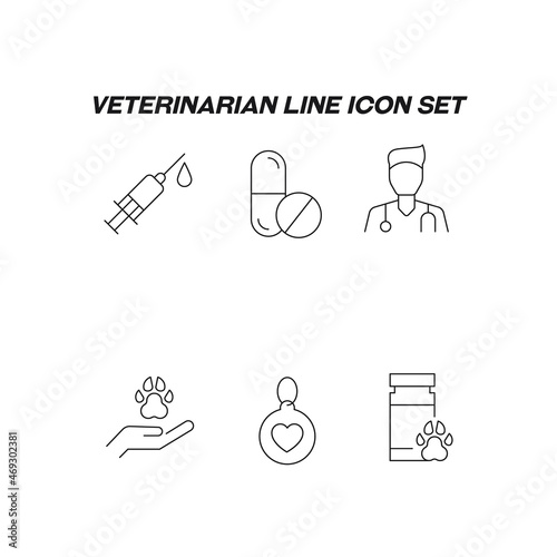 Industry concept. Collection of modern high quality veterinarian line icons. Editable stroke. Premiul linear symbols of syringe, vet, paw over hand, animal meds