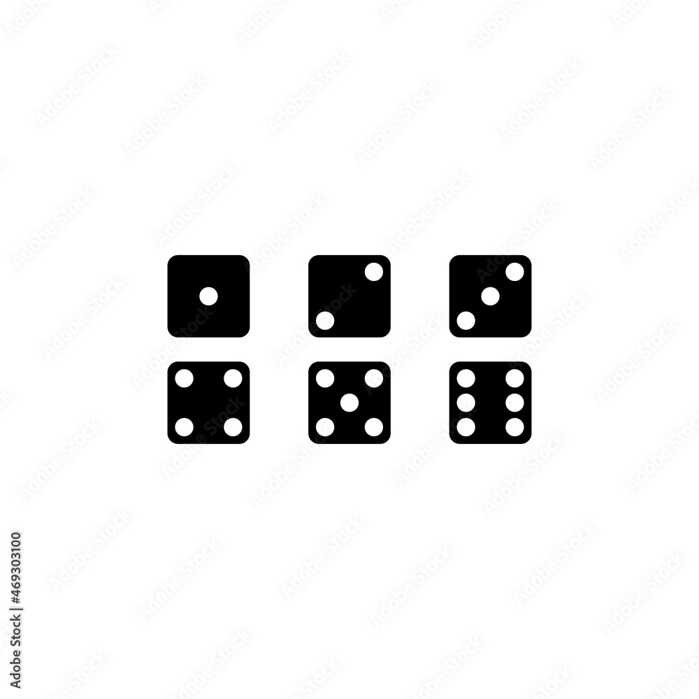 Flat set with dice for game design. Flat illustration with black dice on white background. Flat set with dice for game design. Flat illustration with black dice on white background.